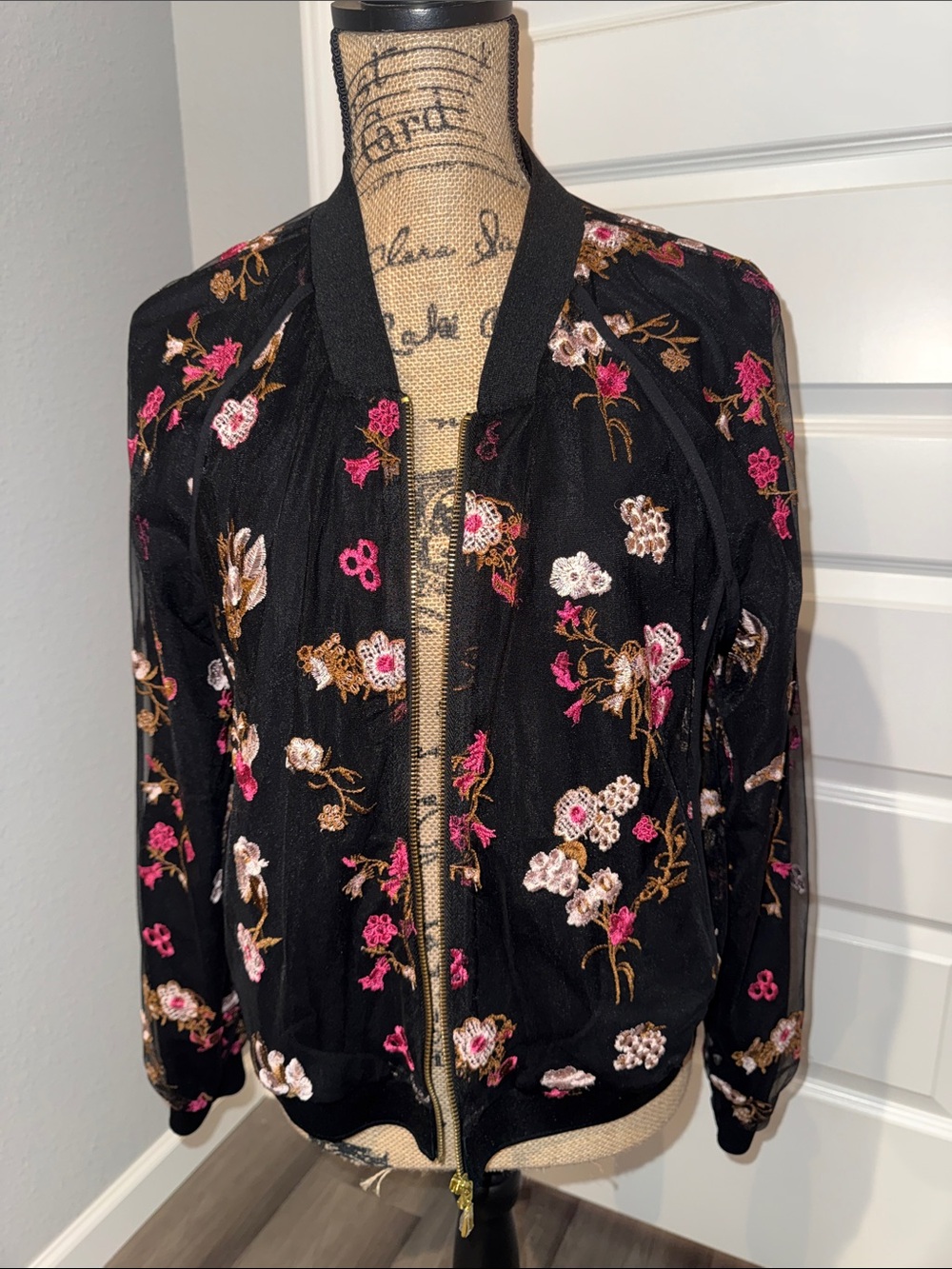 Kaari Blue Black Bomber Jacket with Pink and Cream Floral Embroidery